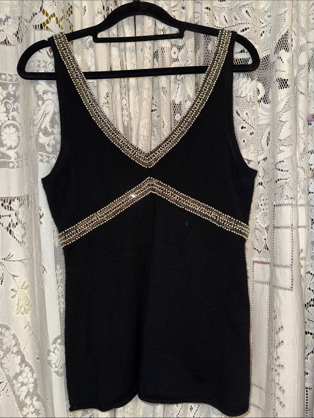 J. Crew Black Sleeveless V-Neck cashmere Sweater Tank with Beaded Trim